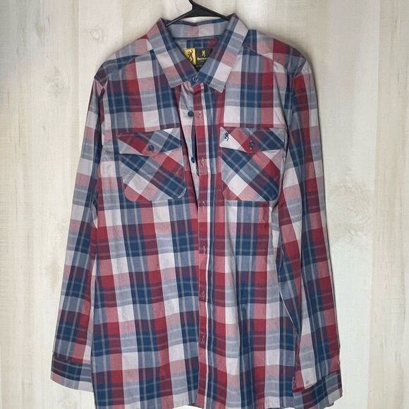 Browning red blue plaid long sleeve button front shirt size x large - Picture 2 of 10